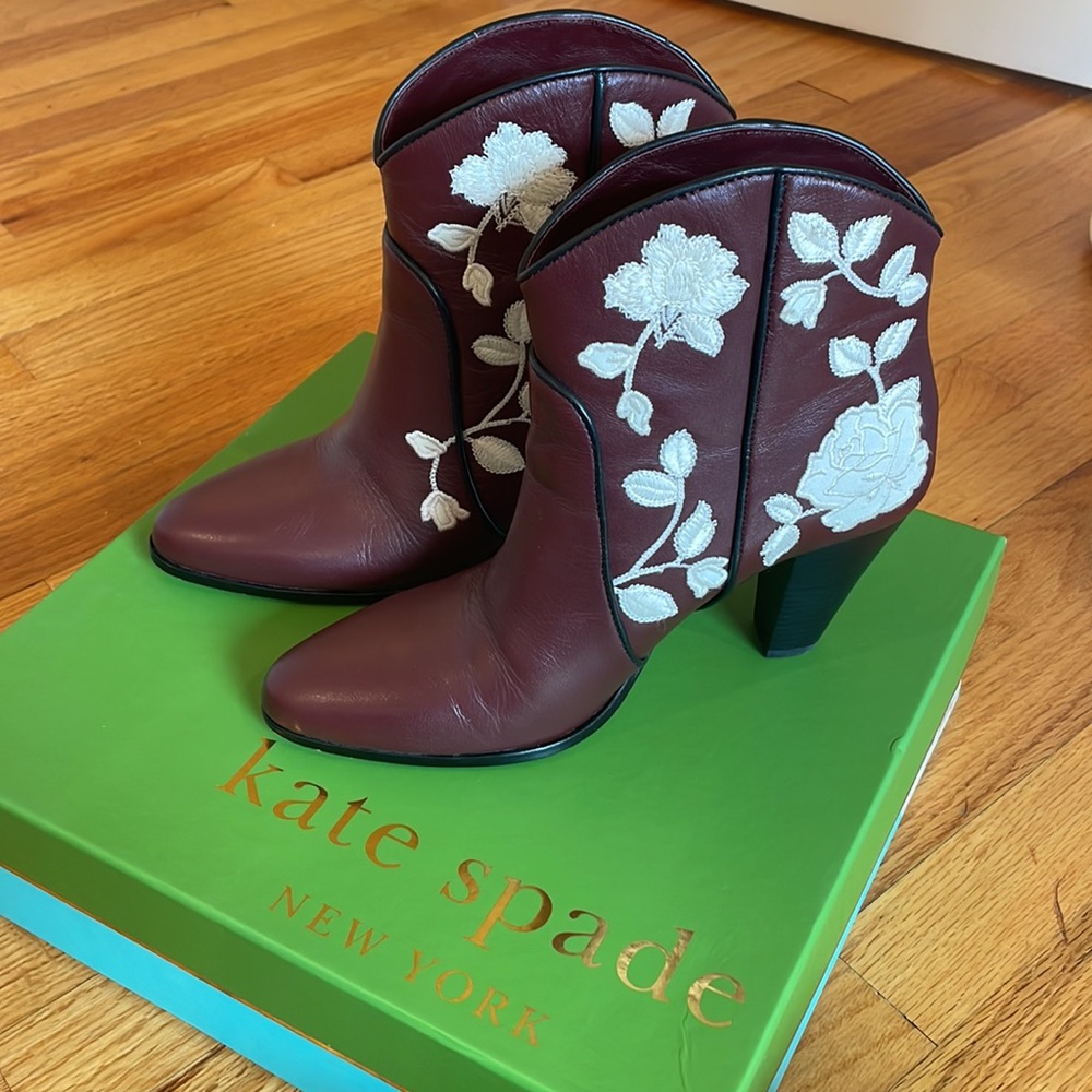 Kate Spade Burgundy Leather Ankle Boots with White Floral Embroidery - Picture 14 of 16